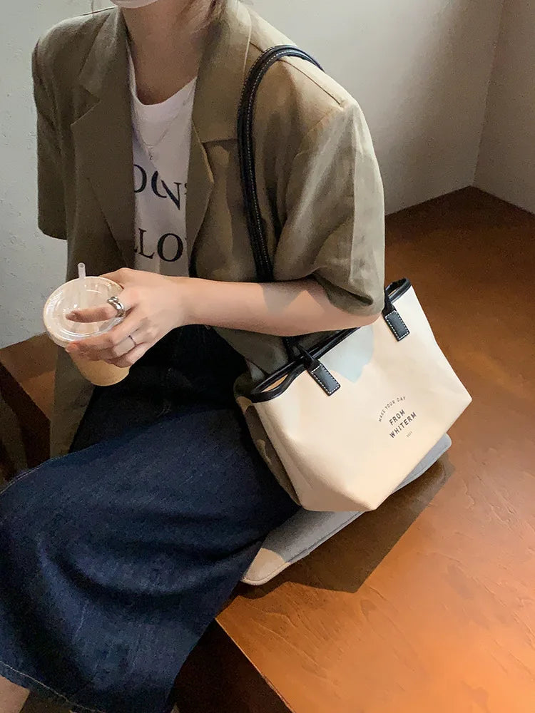 Casual Canvas Shoulder Bag Letter Print Handbag Ladies Shoulder Bag