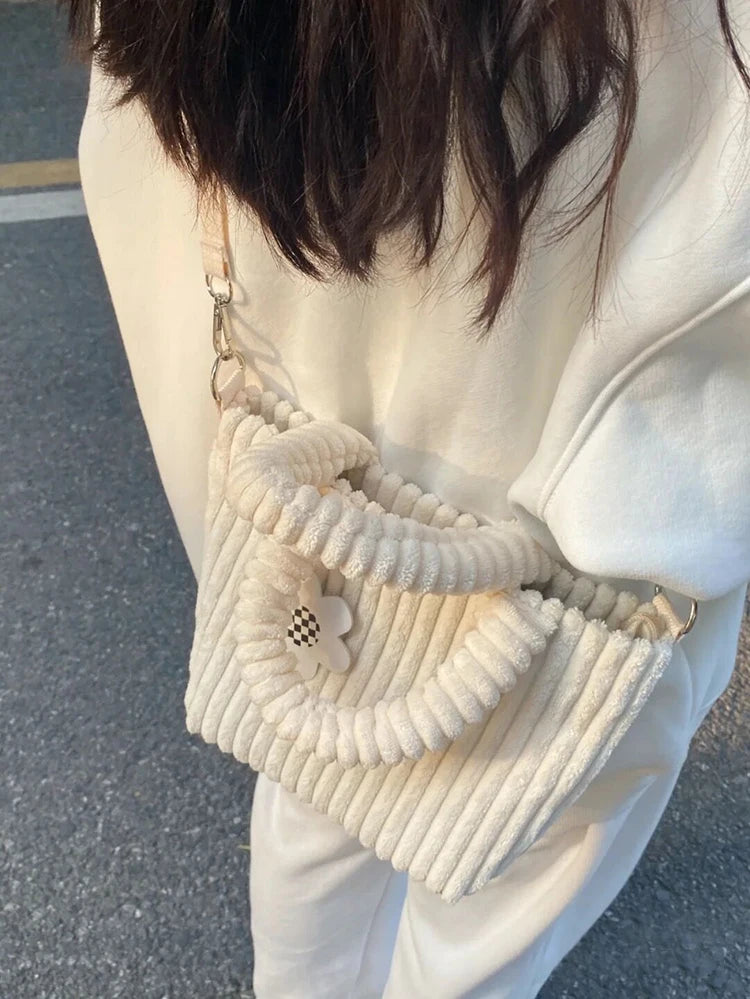 Corduroy Bucket Bag Plush Crossbody Handbag Tote Shoulder Bag