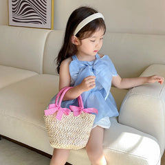 Woven Bow Knot Girls' Straw Bag for Summer Beach