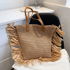 Bohemian Straw Shoulder Bag Tassel Handbag Large Capacity Beach Travel Purse