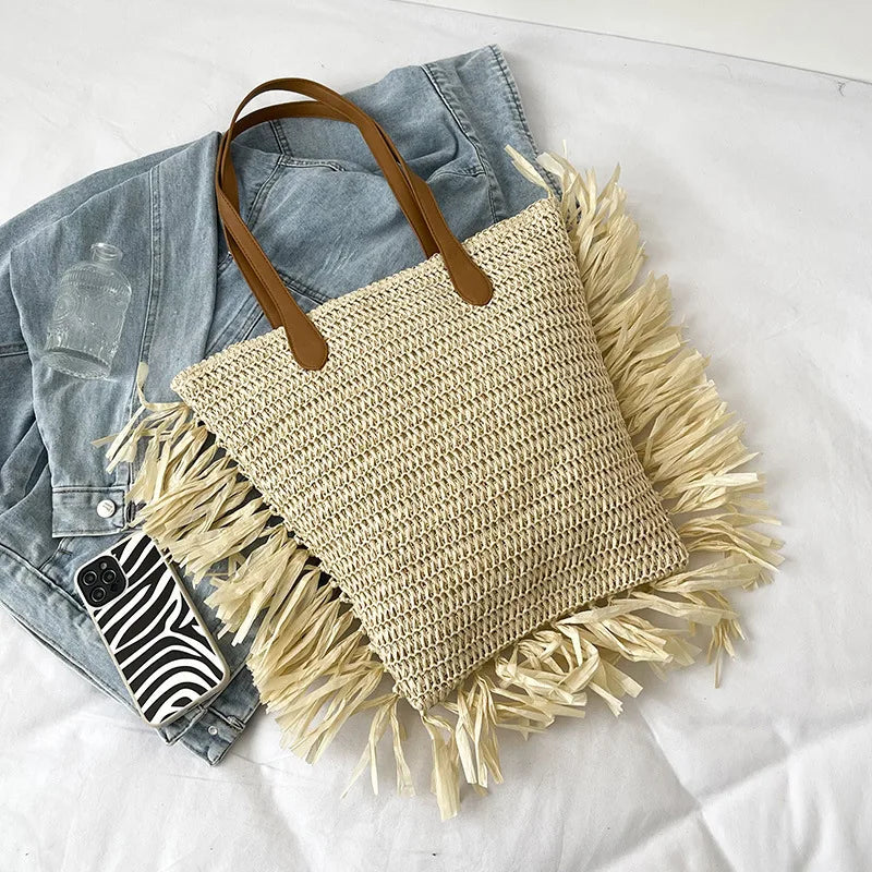 Straw Woven Shoulder Bag Large Capacity Handbag Travel Shopping Tote Beach Bag