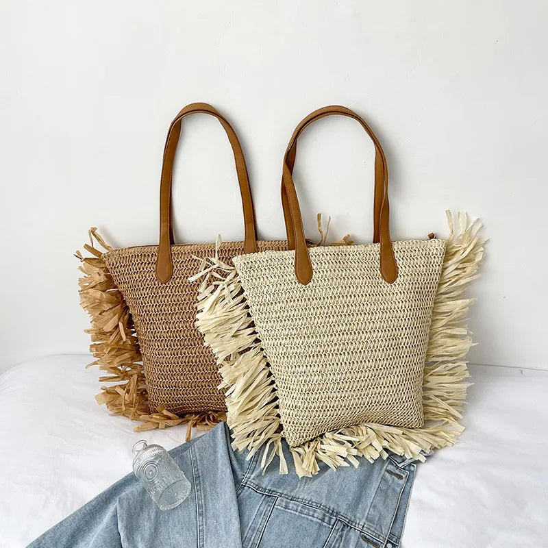 Straw Woven Shoulder Bag Large Capacity Handbag Travel Shopping Tote Beach Bag