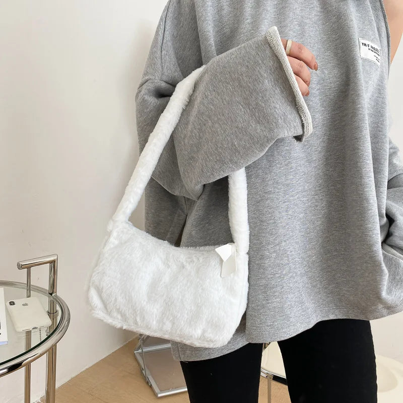 Soft Plush Hobos Shoulder Bags - Furry Ladies Clutch Purse Handbag