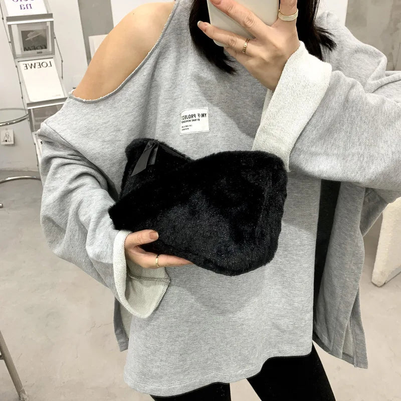 Soft Plush Hobos Shoulder Bags - Furry Ladies Clutch Purse Handbag