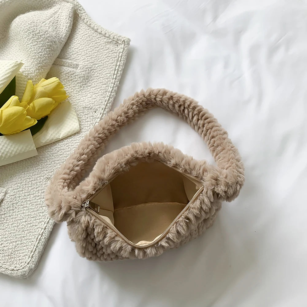 Soft Plush Hobo Shoulder Bag Winter Furry Clutch Purse Handbag