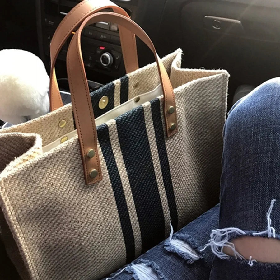 Vintage Striped Tote Bag Female Portable Ol Business Briefcase Style