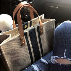 Striped Tote Large-capacity Handbag Vintage Briefcase
