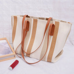 Large Canvas Handbag Vintage Striped Tote Bag Female Briefcase Style