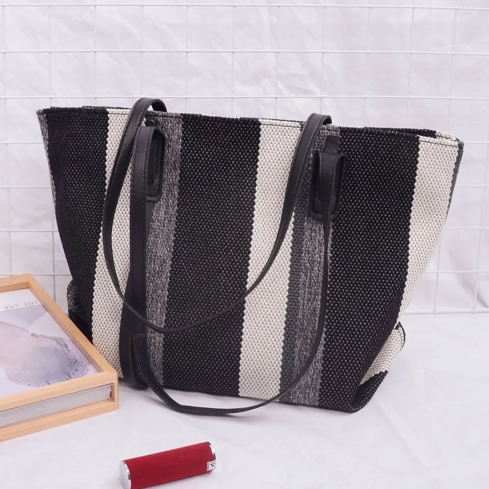 Large Canvas Handbag Vintage Striped Tote Bag Female Briefcase Style