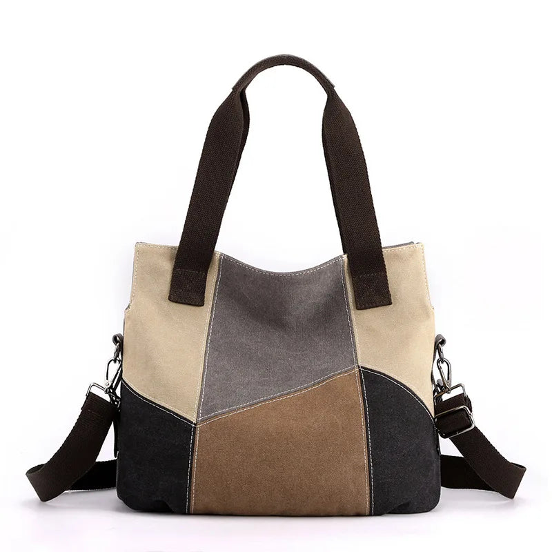 Women's Large Capacity Canvas Shoulder Handbag Retro Patchwork College