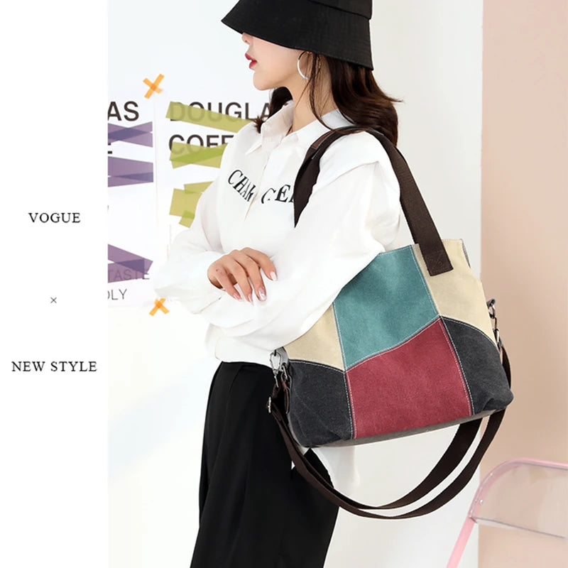 Women's Large Capacity Canvas Shoulder Handbag Retro Patchwork College
