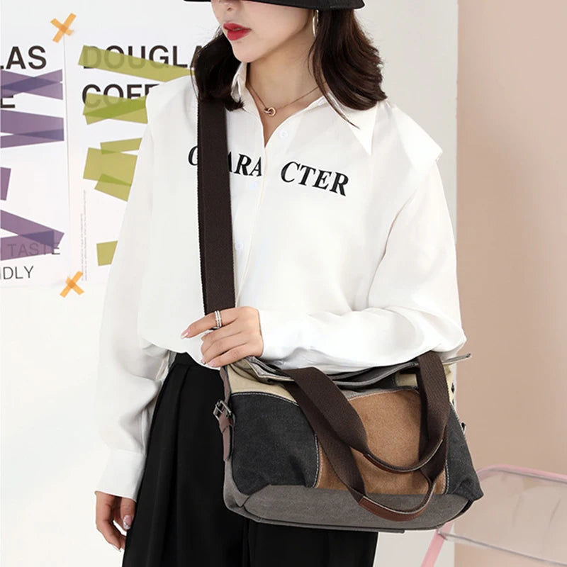Women's Large Capacity Canvas Shoulder Handbag Retro Patchwork College