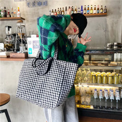 Lattice Double-Sided Shoulder Bag High-Capacity Student Book Shopping Handbag