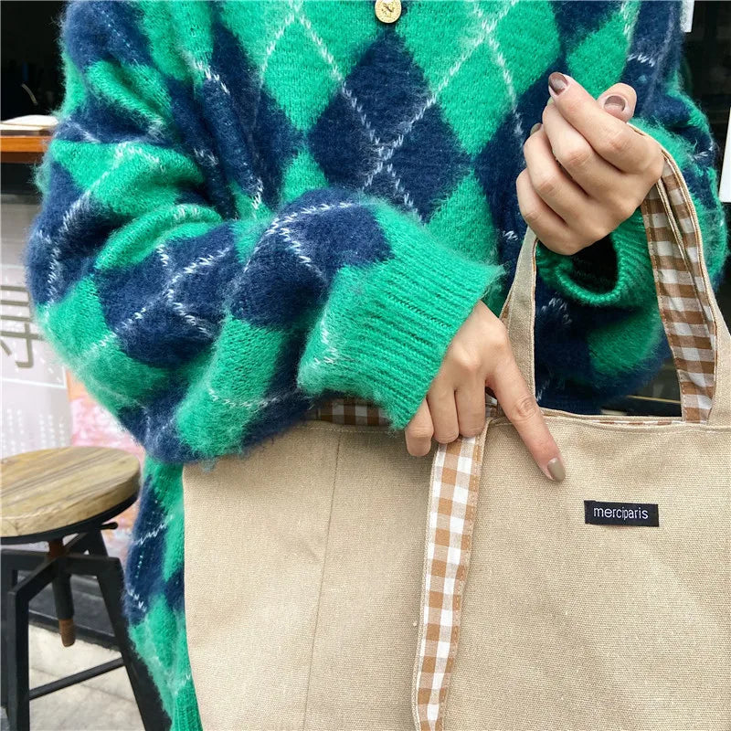 Lattice Double-Sided Shoulder Bag High-Capacity Student Book Shopping Handbag