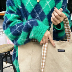 Lattice Double-Sided Shoulder Bag High-Capacity Student Book Shopping Handbag