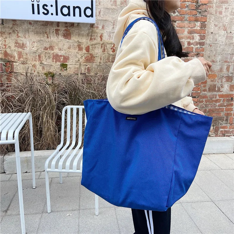 Lattice Double-Sided Shoulder Bag High-Capacity Student Book Shopping Handbag
