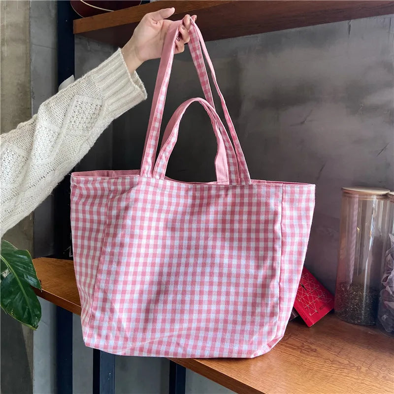Lattice Double-Sided Shoulder Bag High-Capacity Student Book Shopping Handbag