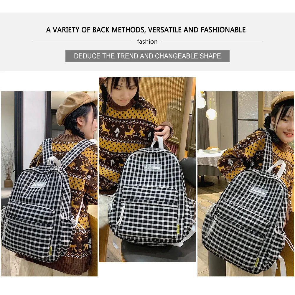 Plaid Backpack Student College Schoolbag Fresh Laptop Bookbag for Teenagers