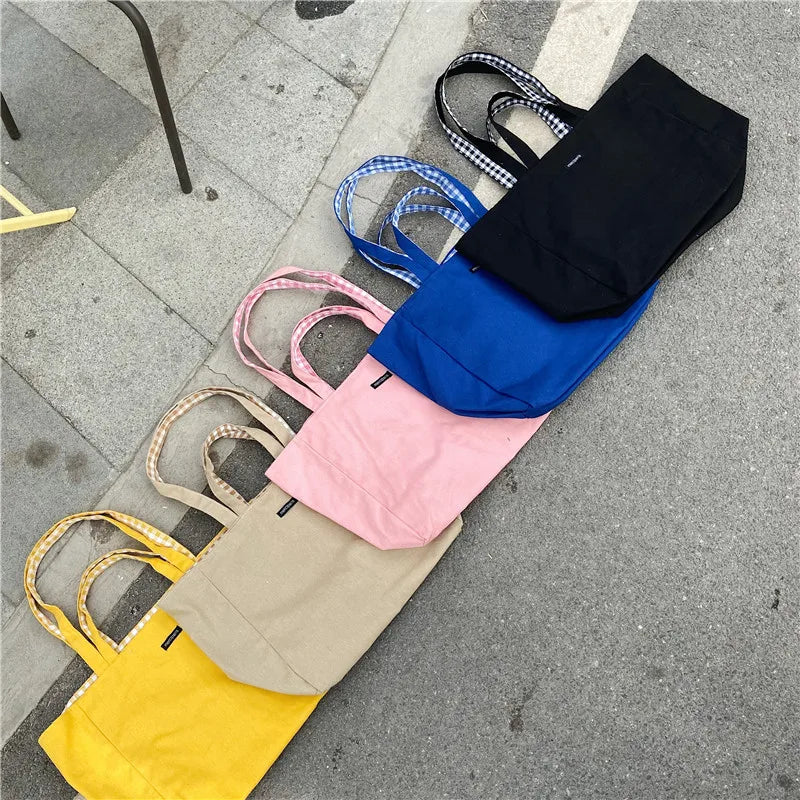 Plaid Double-sided Women Shoulder Bag Casual Canvas Ladies Shopping Handbags