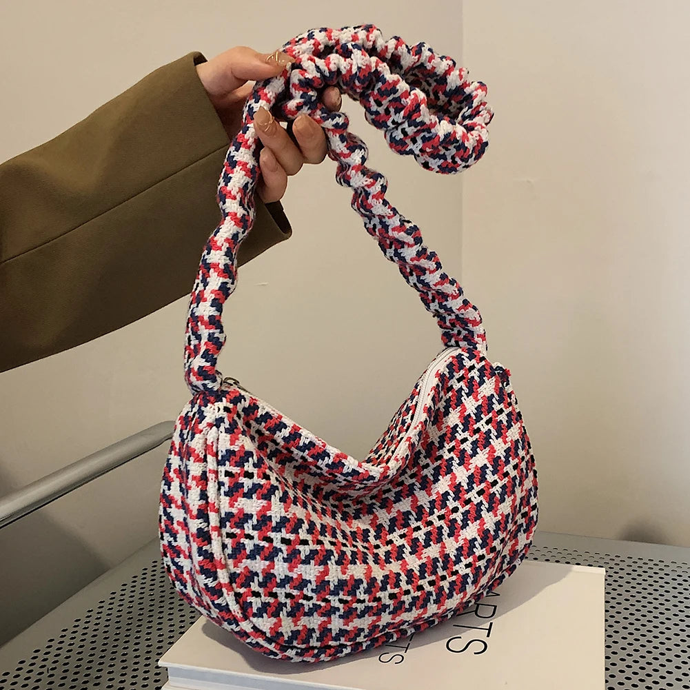 Vintage Half Moon Plaid Tote Bag for Women - Small Casual Shoulder Purse