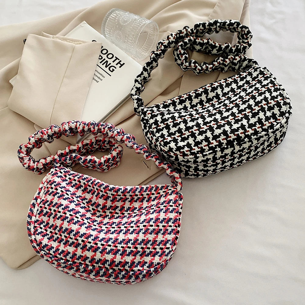 Vintage Half Moon Plaid Tote Bag for Women - Small Casual Shoulder Purse