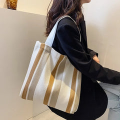 Striped Canvas Shoulder Bag for Women Casual, Large-capacity Handbag