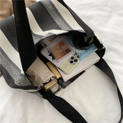 Striped Canvas Shoulder Bag for Women Casual, Large-capacity Handbag