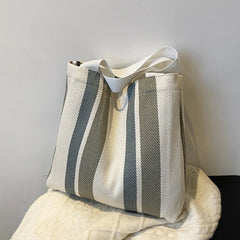 Striped Canvas Shoulder Bag for Women Casual Literature Art Large-capacity