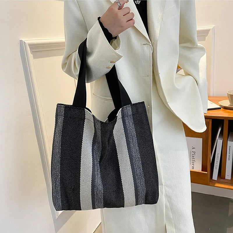Striped Canvas Shoulder Bag for Women Casual, Large-capacity Handbag