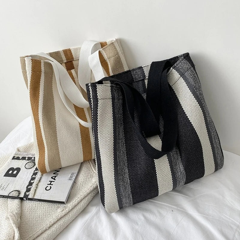 Striped Canvas Shoulder Bag for Women Casual, Large-capacity Handbag