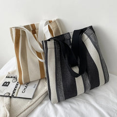 Striped Canvas Shoulder Bag for Women Casual, Large-capacity Handbag