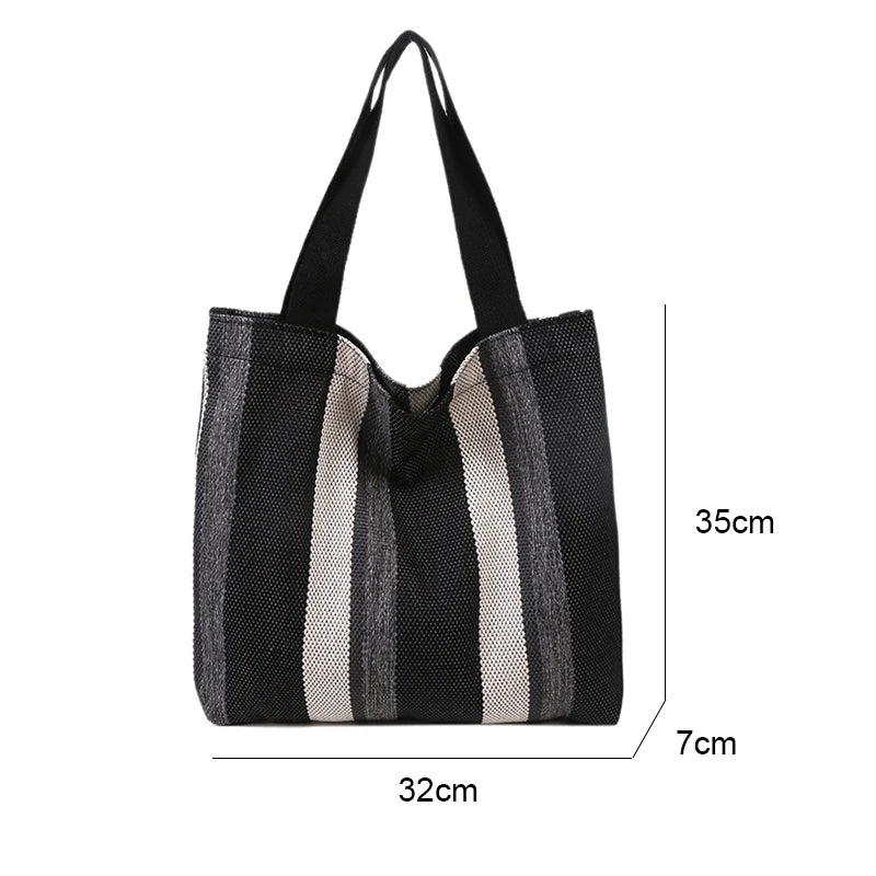 Canvas Striped Handbag Small Fresh Shoulder Bag Women Casual Large-capacity