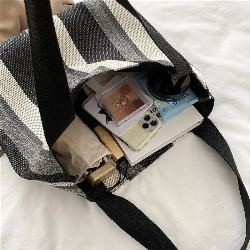 Canvas Striped Handbag Small Fresh Shoulder Bag Women Casual Large-capacity