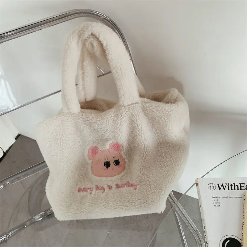 Plush Women's Shoulder Bag Bear Pattern Tote Large Capacity Faux Fur Purse