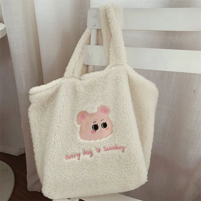 Plush Women's Shoulder Bag Bear Pattern Tote Large Capacity Faux Fur Purse