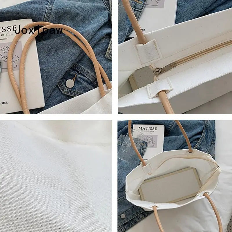 Solid Canvas Tote Bag Vintage Large Capacity Handbag Summer Female Shoulder Bags