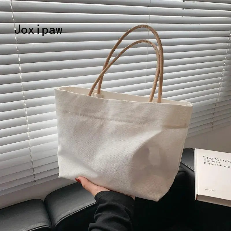 Solid Canvas Tote Bag Vintage Large Capacity Handbag Summer Female Shoulder Bags