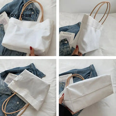 Solid Canvas Tote Bag Vintage Large Capacity Handbag Summer Female Shoulder Bags