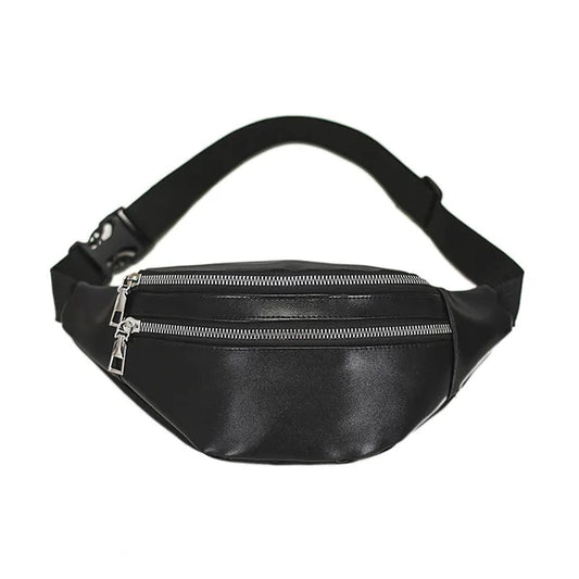 Solid Chest Bag Female Double-zipper Crossbody Bag PU Leather Fanny Pack
