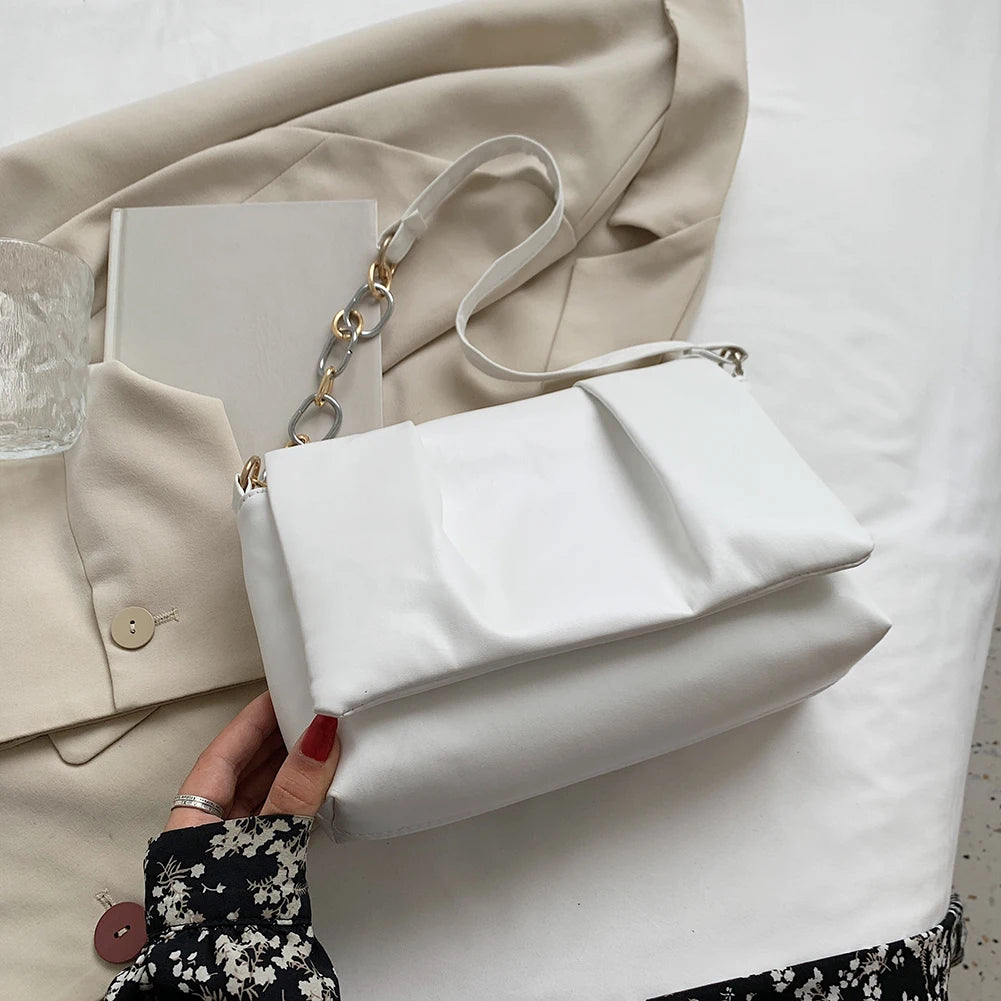 Women Pleated PU Leather Shoulder Underarm Bags Casual Square
