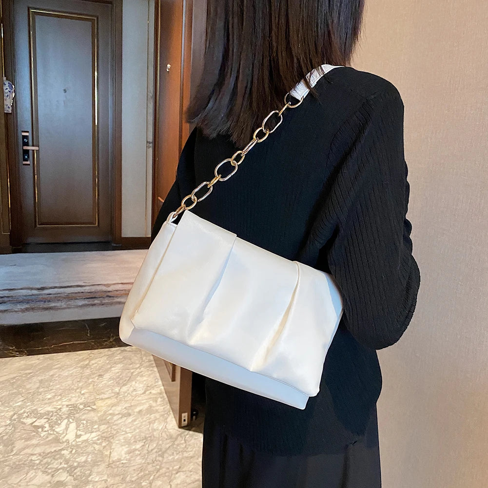 Women Pleated PU Leather Shoulder Underarm Bags Casual Square