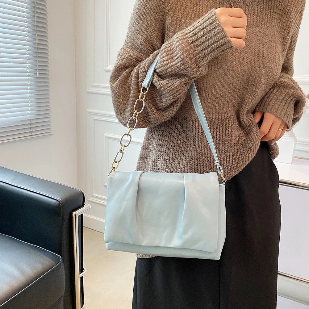 Women Pleated PU Leather Shoulder Underarm Bags Casual Square