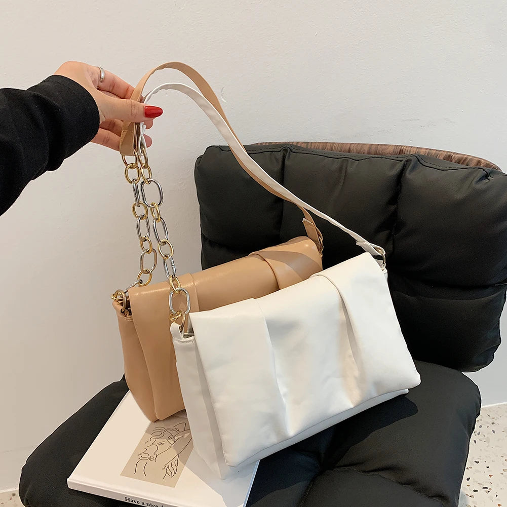 Women Pleated PU Leather Shoulder Underarm Bags Casual Square