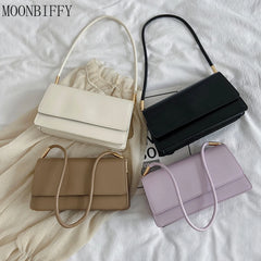 Solid PU Leather Flap Small Top-Handle Shoulder Bag