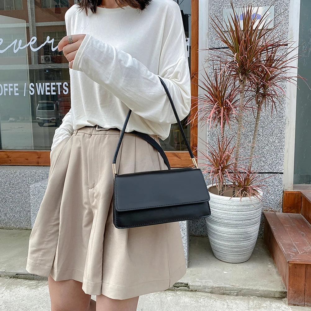 Solid PU Leather Flap Small Top-Handle Shoulder Bag