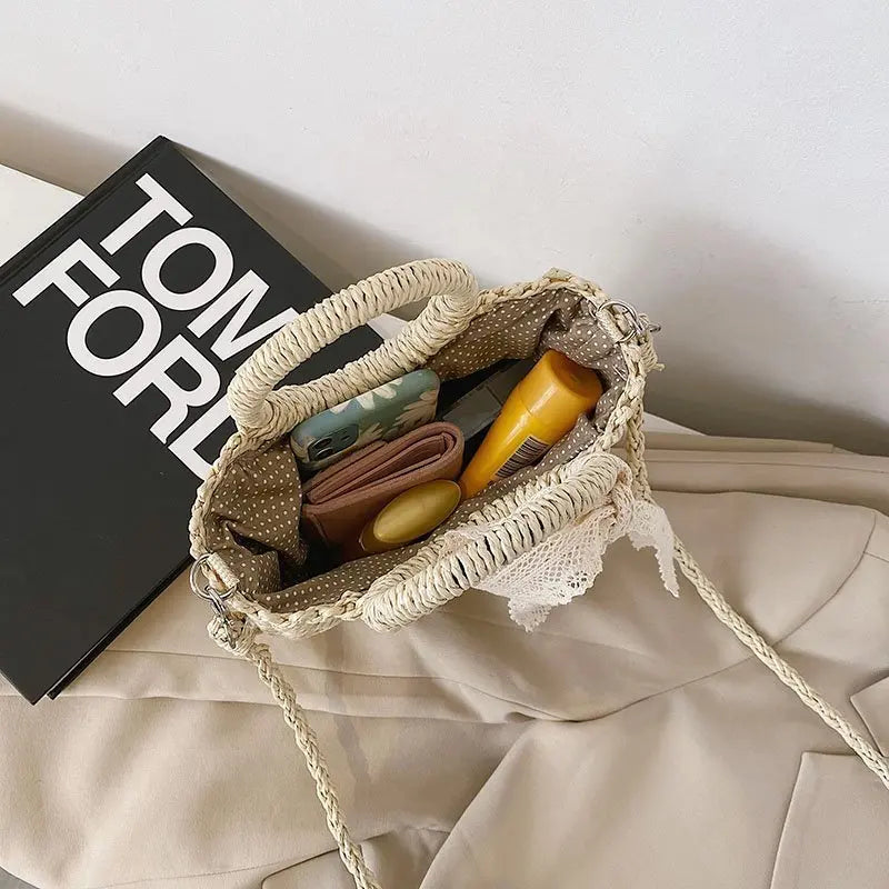 Solid Portable Straw Woven Bag Women Lace Bow Hand-Woven Diagonal Bag