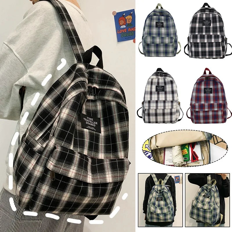 Striped Backpack Women Student Plaid School Bag Teenage Girls Travel Laptop