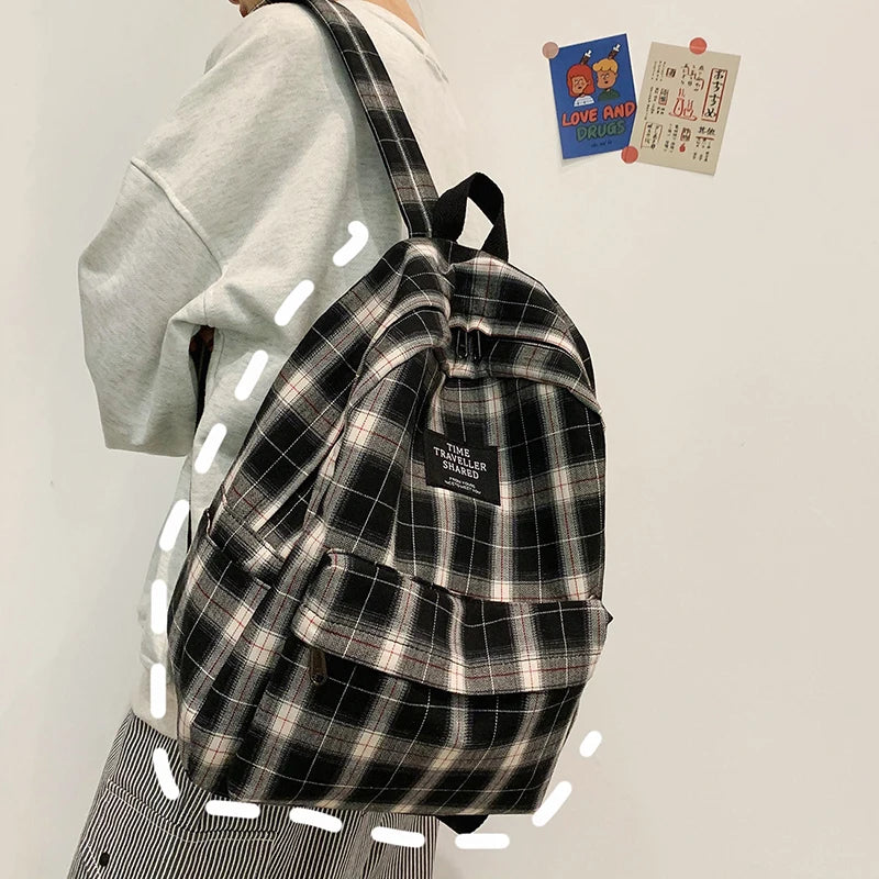 Striped Backpack Women Student Plaid School Bag Teenage Girls Travel Laptop