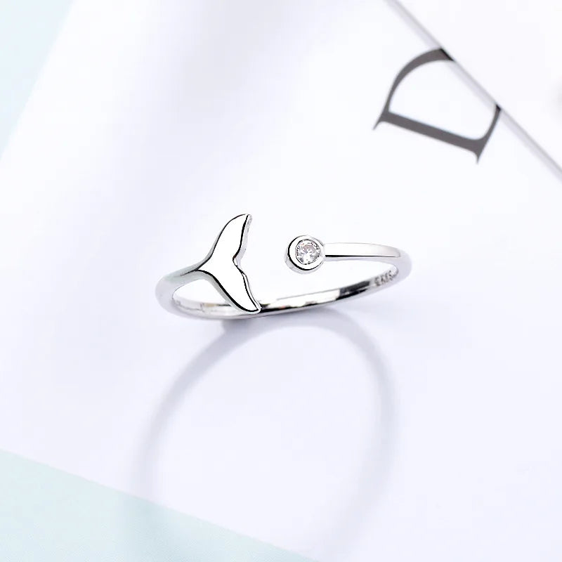 Silver Mermaid Tail Cuff Ring with Sea Whale Fish Tail Bague