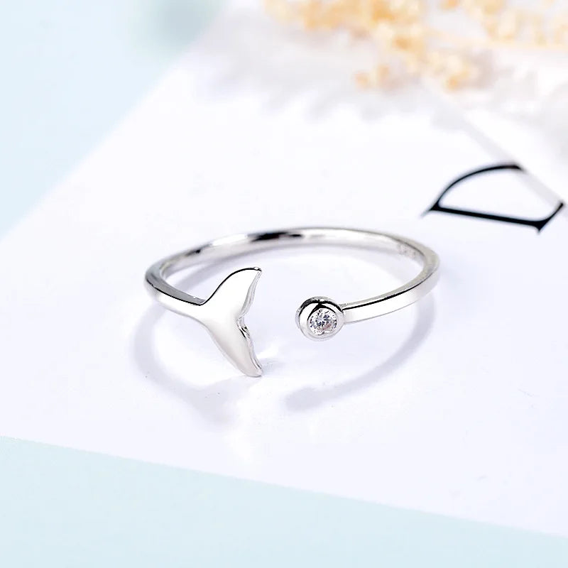 Silver Mermaid Tail Cuff Ring with Sea Whale Fish Tail Bague